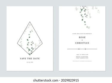 Minimalist foliage wedding invitation card template design, green Siamese rough bush leaves on white