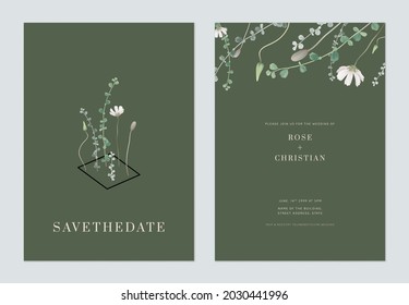 Minimalist foliage wedding invitation card template design, green Siamese rough bush leaves and cosmos flower on green