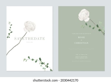 Minimalist foliage wedding invitation card template design, white rose and green Siamese rough bush leaves