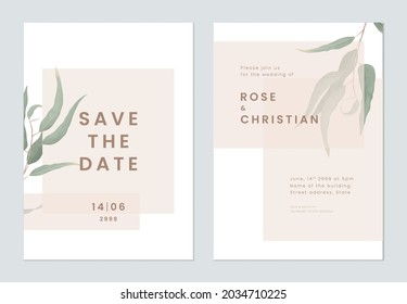 Minimalist foliage wedding invitation card template design, eucalyptus leaves in modern style