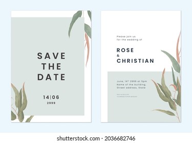 Minimalist Foliage Wedding Invitation Card Template Design, Eucalyptus Leaves