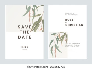 Minimalist foliage wedding invitation card template design, eucalyptus leaves on white