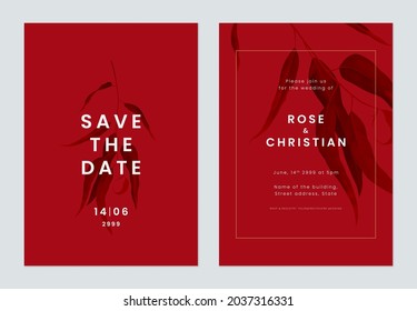 Minimalist foliage wedding invitation card template design, black eucalyptus leaves on red