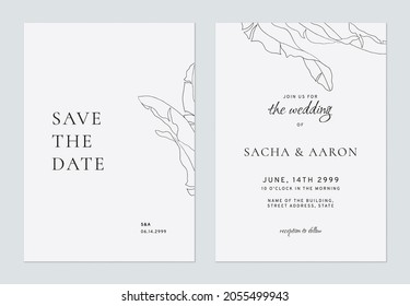 Minimalist foliage wedding invitation card template design, banana leaves line art on light grey
