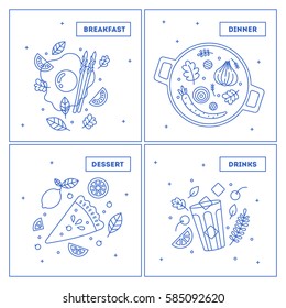 Minimalist Food Collection. Set Of Lineart Dinner Illustrations. Vector Illustration