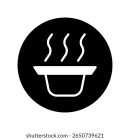 Minimalist food icon featuring steaming bowl with black background and white outline simple design delicious and easy