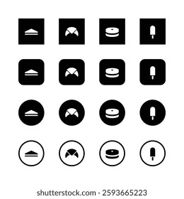 Minimalist food icons, black and white, geometric shapes, sandwich icon, croissant icon, cake icon, popsicle icon, clean design, simple vector graphics, app icons, user interface elements, flat design