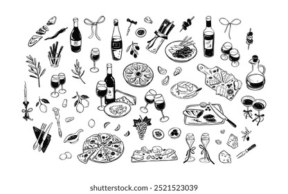 Conjunto minimalista de ilustrações de vetor linocat de vinho e alimentos. Estilo vita La Dolce. Mediterrâneo, grego, italiano restaurante menu design fundo. Conceito de vida lenta. Piquenique de verão feminino, charcutaria