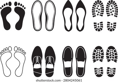 Minimalist Footprints and Shoe Prints Vector Icon Set with Barefoot and Sole Patterns