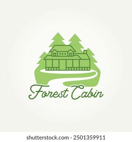 minimalist forest cabin with river and pine tree icon logo vector illustration design. simple modern cabin, cottage, log house logo concept