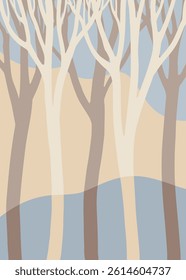 Minimalist forest illustration with abstract tree shapes in neutral tones. Modern and calm vibe, perfect for stylish decor.