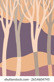 Minimalist forest illustration with abstract tree shapes in neutral tones. Modern and calm vibe, perfect for stylish decor.