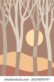 Minimalist forest illustration with abstract tree shapes in neutral tones. Modern and calm vibe, perfect for stylish decor.