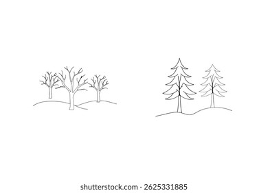 Minimalist Forest Illustration With Bare Trees And Pine Trees On White Background
