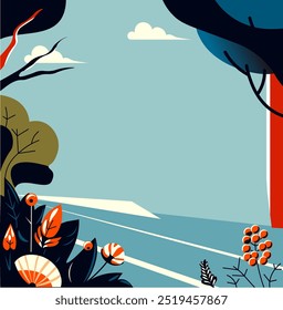 Minimalist forest landscape featuring large trees and stylized plants in a flat illustration style. This vector illustration can be used for nature-themed designs or environmental projects.