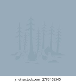 Minimalist Forest Landscape Silhouette Vector Illustration in Monochromatic Blue
