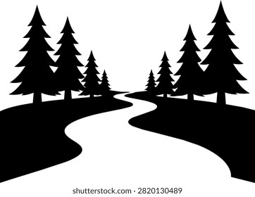 Minimalist forest landscape vector illustration showing winding river flowing between evergreen pine tree silhouettes outdoors nature scenery.