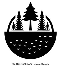 Minimalist forest logo, circular design, black and white silhouette, pine trees, coniferous landscape, geometric shapes, stylized nature illustration, 