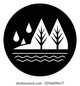 Minimalist forest logo, circular design, black and white silhouette, pine trees, coniferous landscape, geometric shapes, stylized nature illustration, 