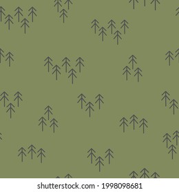 Minimalist forest seamless vector pattern. Simple pine tree icon line illustrations on green background. Woodland, woods, outdoor adventure, themed backdrop texture. Repeating all over print design.