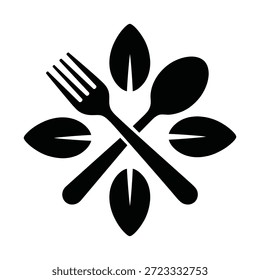 Icono minimalista de tenedor y cuchara con círculo de hojas para comedor orgánico