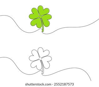 Minimalist four-leaf clover design in green and outline form with flowing lines. Vector illustration.