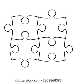 Minimalist fourpiece puzzle vector outline icon symbolizing teamwork, synergy, and connection. Ideal for showcasing business collaboration, strategic problemsolving, and creative ideas.