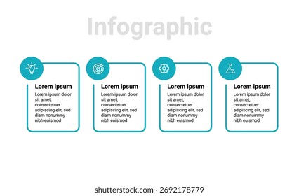 Diseño minimalista de infografía de proceso de cuatro pasos con iconos de línea de tiempo para informes Corporativas, hojas de ruta de proyectos, estrategias de marketing y Plantillas de presentación