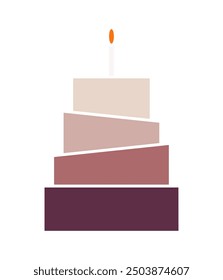 Minimalist four-tier birthday cake in rose, light pink, purple colors. Lit candle on top.