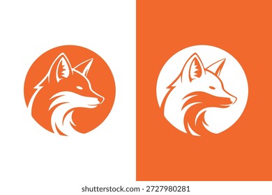 Design minimalista da cabeça da raposa logotipo conjunto de versões laranja e branco com fundo circular