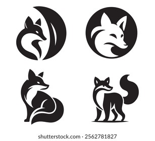 Minimalist fox logos, circular designs, black and white silhouettes, stylized animal icons