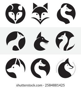Minimalist fox logos set, black and white illustrations, geometric animal