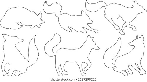 A minimalist fox outline vector featuring clean, flowing lines that form a graceful, side-facing fox in a seated position.