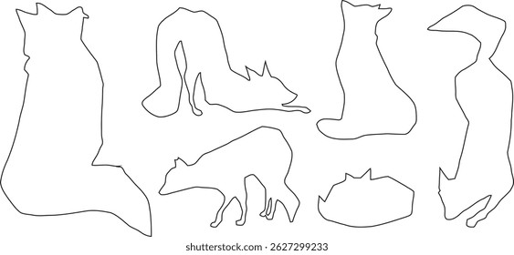 A minimalist fox outline vector featuring clean, flowing lines that form a graceful, side-facing fox in a seated position.