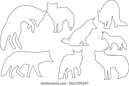 A minimalist fox outline vector featuring clean, flowing lines that form a graceful, side-facing fox in a seated position.