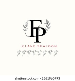 Minimalist FP Monogram with Botanical Illustration.Elegan Initial PF Logo with Floral Element.  Wedding logos, hand drawn elegant, delicate and minimalist,black and white vintage logo for beauty shop.