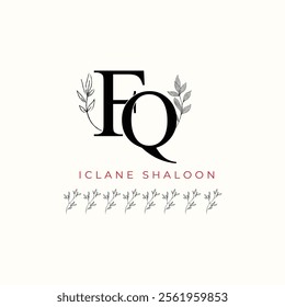 Minimalist FQ Monogram with Botanical Illustration.Elegan Initial QF Logo with Floral Element.  Wedding logos, hand drawn elegant, delicate and minimalist,black and white vintage logo for beauty shop.