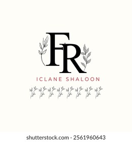 Minimalist FR Monogram with Botanical Illustration.Elegan Initial RF Logo with Floral Element.  Wedding logos, hand drawn elegant, delicate and minimalist,black and white vintage logo for beauty shop.