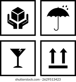 Minimalist Fragile Symbol set or set of packaging icon vector concept of keep dry, fragile, handle with care, upward