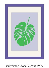 Minimalist framed artwork featuring green monstera leaf on neutral background. Perfect for home decor, botanical themes, and modern interior design. Vector art
