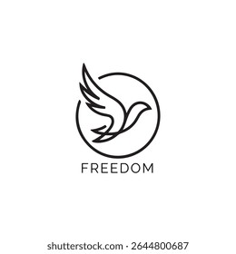 Design minimalista do logotipo da liberdade de um pássaro voador em um círculo simbolizando liberdade e esperança