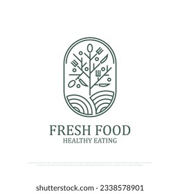 Ilustración minimalista del logo de la comida fresca, diseño de logotipo fresco con forma de arte de contorno, mejor para la naturaleza, signo o símbolo de restaurante orgánico