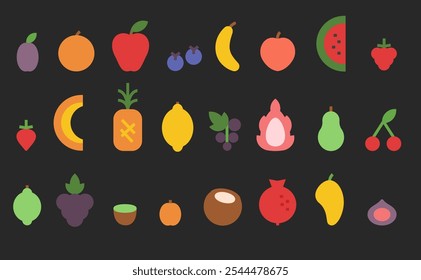 Frutas y bayas minimalistas. Iconos de fruta fresca para comida saludable, postre natural y diseño de tienda de comestibles. Sencillo conjunto de símbolos geométricos de Vector plano.