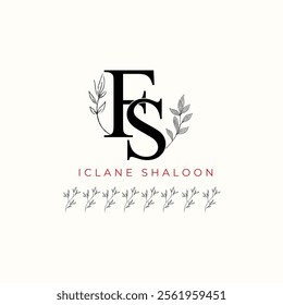 Minimalist FS Monogram with Botanical Illustration.Elegan Initial SF Logo with Floral Element.  Wedding logos, hand drawn elegant, delicate and minimalist,black and white vintage logo for beauty shop.