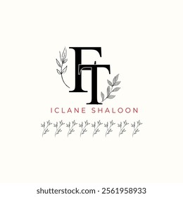 Minimalist FT Monogram with Botanical Illustration.Elegan Initial TF Logo with Floral Element.  Wedding logos, hand drawn elegant, delicate and minimalist,black and white vintage logo for beauty shop.