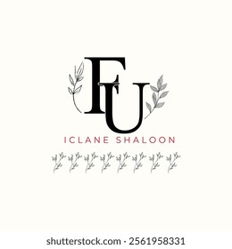 Minimalist FU Monogram with Botanical Illustration.Elegan Initial UF Logo with Floral Element.  Wedding logos, hand drawn elegant, delicate and minimalist,black and white vintage logo for beauty shop.