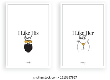 Minimalist Fun Poster Design, Vector, I Like His Beard, I Like Her Butt, Beard Illustration, Woman Butt Silhouette, Wording Design, Lettering, Wall Decals, Wall Artwork, Wall Decoration