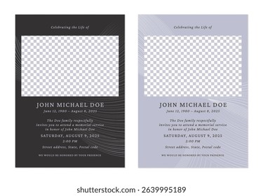 Minimalist funeral memorial service invitation templates in dark gray and light purple feature abstract lines and a rectangle placeholder for a photo. The overall tone is somber and respectful