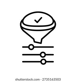 Un icono de embudo minimalista con una marca de verificación y Configuraciones ajustables, que simboliza la selección y la personalización.