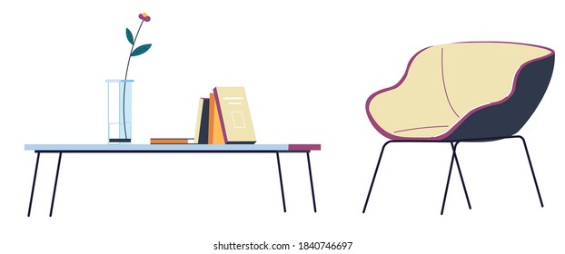 Minimalist furniture and decor, isolated table with flower in vase, books and comfortable armchair. Workspace or living room, lounge or loft interior design. Scandinavian dwelling. Vector in flat